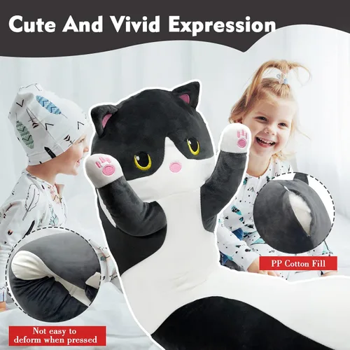 Vista 3 de Almohada larga de felpa de gato, 19.6 pulgadas - Adorable peluche de gato negro - Animales de peluche suaves - Almohada tipo cuerpo de gatito