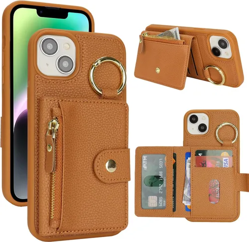 Vista 79 de Funda para iPhone 14 Plus con tarjetero, color negro Funda con cremallera y ranura para mujer y hombre