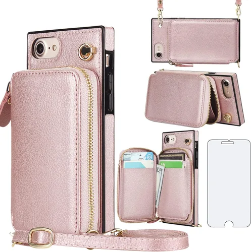 Vista 10 de Asuwish Funda de teléfono para iPhone 6/6s/7/8/SE 2020 2022 con protector de pantalla y soporte para tarjetas con cremallera, soporte de cuero i Six