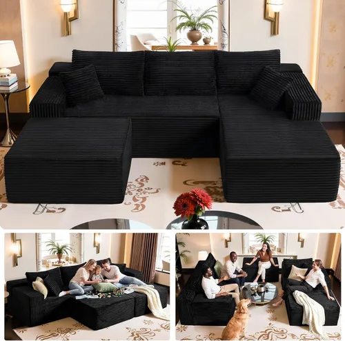 Vista 10 de Sofá modular negro de 108 pulgadas con otomana, sofá en forma de U en forma de nube para sala de estar, no necesita montaje, tela de pana de felpa
