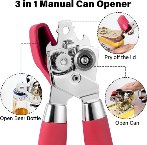 Vista 4 de TJ POP - Abrelatas manual, abrelatas de mano resistente, borde liso, perilla de fácil giro, con abrebotellas, accesorios de cocina, color rojo