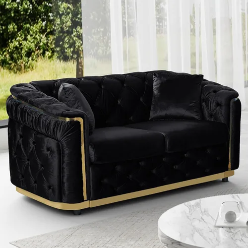 Vista 24 de Sofá Chesterfield de terciopelo de 62.5 pulgadas con respaldo copetudo y detalles dorados, beige Blanco