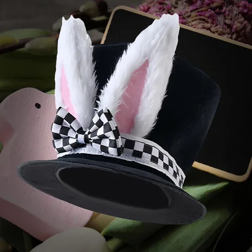 Vista 4 de Sombrero de conejo blanco de Pascua con orejas de conejo, accesorios de disfraz para mujeres, hombres, adultos, niños, fiesta de Halloween, cosplay