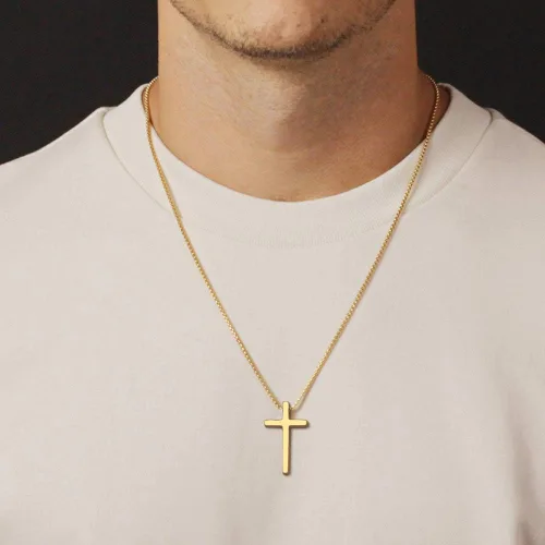 Vista 2 de Ursteel - Collar con dije de cruz de acero inoxidable para hombre, cadena de eslabones cuadrados de 16 a 30 pulgadas, color plateado, negro, dorado
