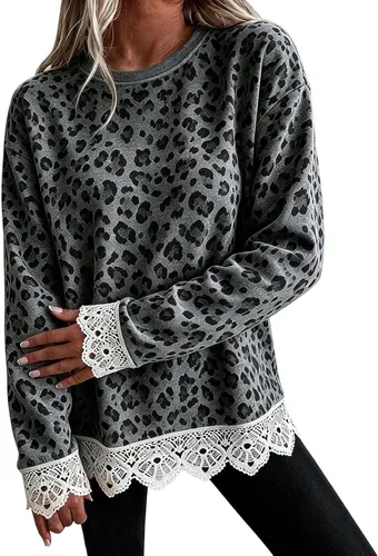 Vista 11 de Fall Sweatshirts for Women Crewneck Scalloped Lace Trim Cute Pullover Tops Lightweight Long Sleeve Polka Dot Sweatshirt,Oversized Leopard Print A
