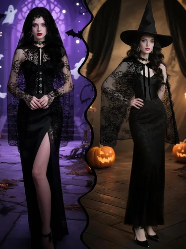 Vista 6 de Disfraz de bruja de Halloween, capa negra con capucha para mujer Gargantilla gótica, pulseras de encaje, pendientes, capa corta gótica, capa