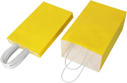 Vista 7 de Oikss Cada paquete de 50 bolsas pequeñas de papel kraft amarillo y fucsia con asas a granel