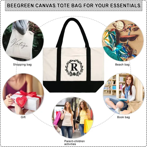 Vista 6 de BeeGreen - Bolsa de playa de 12 pulgadas con inicial bordada y bolsillo interior con cremallera superior, grande, de lona, de algodón, con bolsillo
