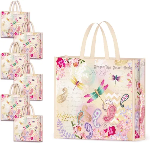 Vista 11 de NymphFable Paquete de 6 bolsas de comestibles reutilizables con flores de almendra, bolsas de compras, impermeables, bolsas de regalo, 50 libras