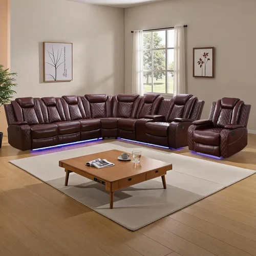 Vista 14 de Juego de sofá reclinable eléctrico para sala de estar, juego de sofá reclinable de cuero con luz LED, soporte para tazas, almacenamiento de consola