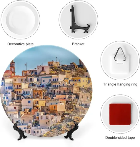 Vista 3 de Plato colgante decorativo de paisaje de pueblo de Grecia, decoración del hogar, decoración del hogar, recuerdo, arte de pared, plato de cena