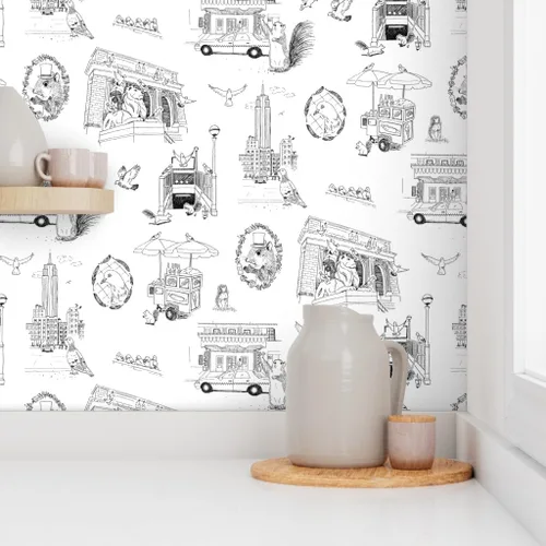 Vista 8 de Papel tapiz para despegar y pegar, papel tapiz extraíble personalizado de Nueva York Toile NYC Pigeons Squirrels Central Park Spoonflower