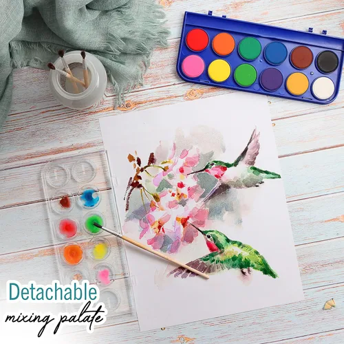 Vista 5 de Juego de 2 pinturas de acuarela, 12 colores vivos, incluye paleta de mezcla de acuarela y 2 pinceles, perfecto para artistas, pintores