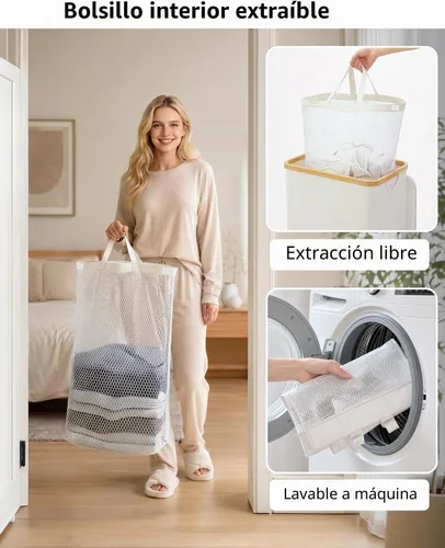 Vista 5 de iEGrow Cesta de lavandería con tapa, cesta grande de lavandería de 110 litros con asa y tapa, organizador de ropa plegable con bolsa interior Beige