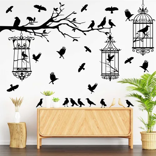 Vista 7 de Calcomanías de pared de ramas de árbol de Halloween, cuervo negro, pájaro, pájaro, pelar y pegar, calcomanías de cuervo para jaula de pájaro, Jaula