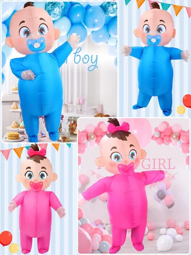 Vista 6 de Ramede Disfraz inflable gigante de bebé de 96 pulgadas, disfraz de revelación de género para niño y niña, disfraz para adultos, baby shower, fiesta