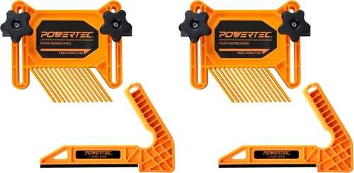 Vista 9 de POWERTEC Tabla de plumas en tándem y palo de empuje en L para sierra de mesa, mesa de enrutador, cepilladoras y ensambladoras. El empujador