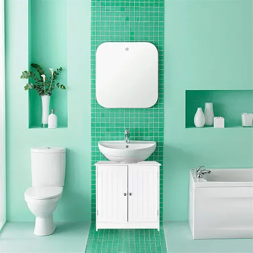 Vista 4 de Armario de tocador para baño debajo del fregadero, gabinete de almacenamiento con pedestal independiente con 2 puertas y estantes, moderno