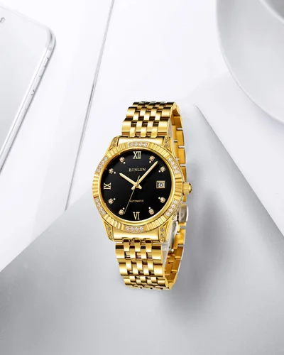 Vista 4 de BINLUN Reloj de pulsera para hombre, mecánico automático, reloj dorado con cuerda automática, elegante, chapado en oro de 18 quilates, relojes
