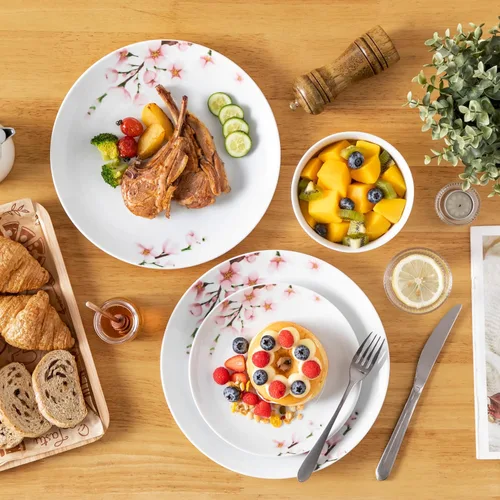 Vista 7 de VEWEET juego de vajilla de porcelana para 4, juego de 12 piezas con platos y cuencos con diseño floral rosa, juego de platos para la cocina ideal