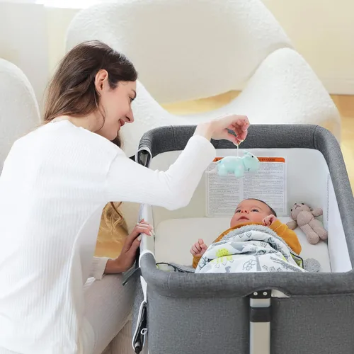 Vista 2 de Ihoming Moisés para bebé, cuna lateral con cesta de almacenamiento, cuna plegable fácil, cama ajustable para bebé recién nacido, gris