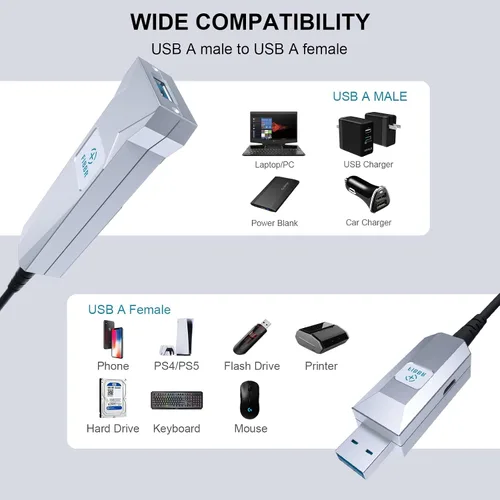 Vista 5 de Cable de extensión USB 3.0 de fibra óptica de 32.8 ft, cable USB largo macho a hembra, cable extensor de 5 Gbps de alta velocidad, para robot