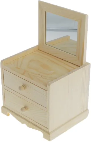 Vista 2 de dovewill Natural Unfinished Caja de joyas de madera pequeños 2cajones Pecho Caso vidrio Espejo