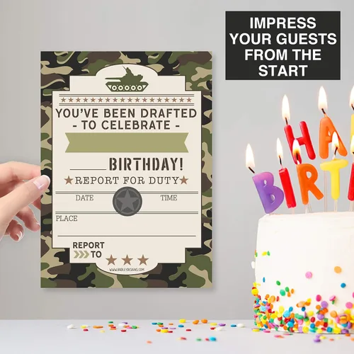 Vista 9 de 25 invitaciones de cumpleaños para niños, invitaciones de fiesta temática Camuflaje