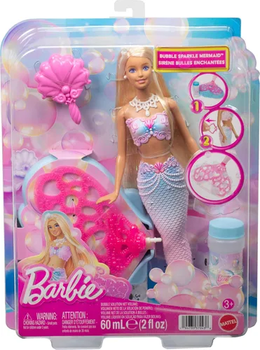 Vista 6 de Barbie Muñeca de sirena Bubble Sparkle con función y solución para hacer burbujas, bandeja y cepillo para el cabello, cabello rubio largo y rayado