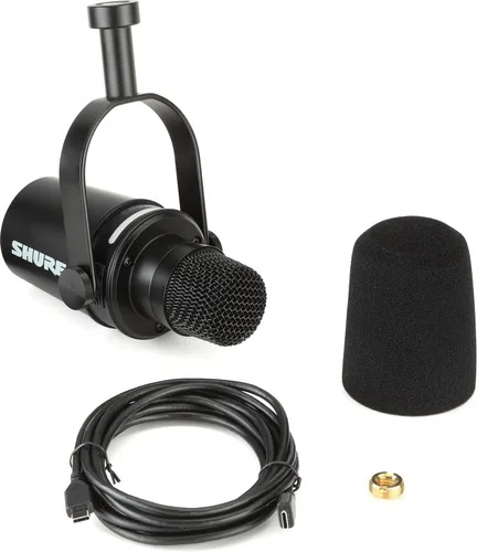 Vista 4 de Shure MV7+ - Micrófono dinámico para podcast con brazo articulado de escritorio. Certificado OBS, audio mejorado, panel táctil LED, salidas USB-C
