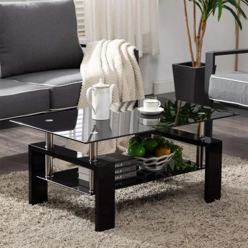 Vista 9 de Mesa de centro rectangular de cristal, moderna mesa de centro lateral con estante inferior, patas de madera para muebles de sala de estar (negro)