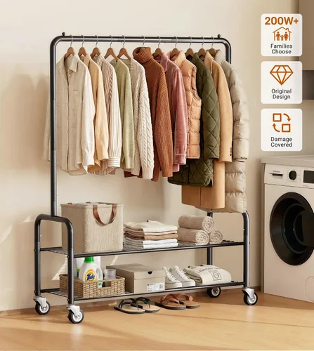 Vista 7 de AOODA Perchero resistente con estantes, estantes de ropa de metal de 46.5 pulgadas para colgar ropa, perchero con ruedas con cerradura para abrigos