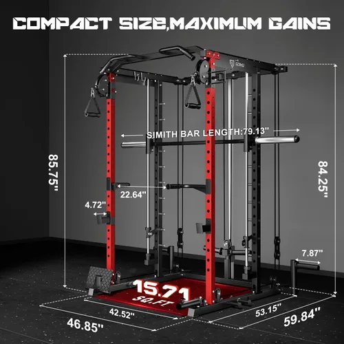 Vista 7 de Máquina S1-V4 Smith, jaula de potencia de 2000 libras con sistema de cruce de cables, estante de sentadillas todo en uno con barra Smith