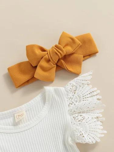 Vista 4 de Madjtlqy Conjunto de 3 piezas de verano para niñas pequeñas, mameluco acanalado de manga corta con volantes + falda con tirantes + diadema