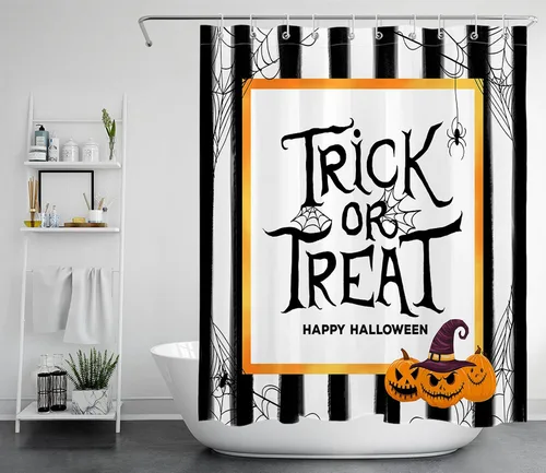 Vista 18 de LB Cortina de ducha de Halloween, cementerio de terror, fantasma, gatos negros en árbol, calabaza, cortinas de ducha para baño con ganchos, 60 x 72
