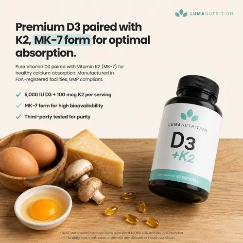 Vista 3 de Luma Nutrition Vitamina D3 + K2 10000 UI - Suplemento para la salud ósea y cardíaca - Apoyo inmunológico de máxima fuerza y absorción de calcio - 60