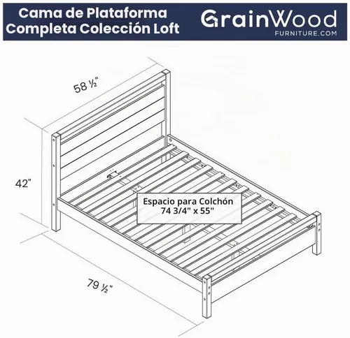 Vista 2 de Grain Wood Furniture Loft Cama de madera maciza de tamaño completo, acacia