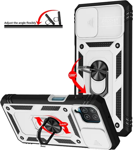 Vista 5 de Jeylly Funda para Galaxy A12 con cubierta deslizante para cámara, protector de pantalla de vidrio templado, protección híbrida de policarbonato duro