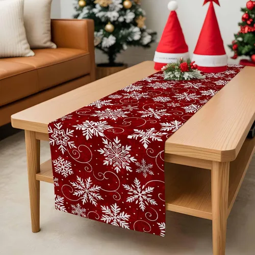 Vista 8 de Camino de mesa de copos de nieve rojos de 36 pulgadas de largo para decoración de mesa de comedor, camino de mesa de lino de algodón lavable, camino