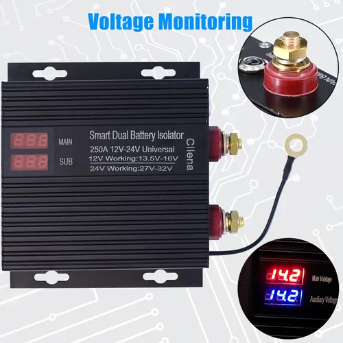 Vista 2 de Aislador inteligente de doble batería, 12 V/24 V, relé sensible al voltaje universal de 250 amperios - VSR para automóvil, RV, ATV, UTV, cámper