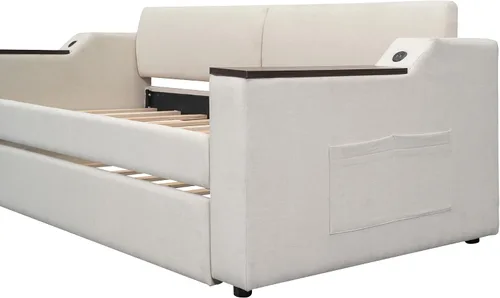Vista 9 de Sofá cama doble con cama nido y 2 brazos de almacenamiento multifuncionales, marco de sofá cama de tela de lino con carga USB para habitación