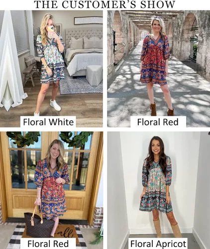 Vista 4 de BTFBM - Vestidos casuales de primavera y verano para mujer, cuello en V, manga larga 34, con volantes, floral, estilo bohemio, mini vestido de playa