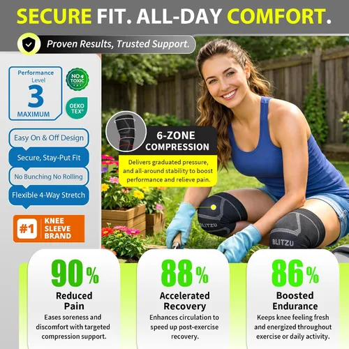 Vista 5 de BLITZU - Rodillera de compresión para hombres y mujeres – mejor soporte para correr, gimnasio, entrenamiento, fitness, levantamiento de pesas.