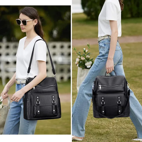 Vista 8 de Over Earth Mochila de cuero para mujer, bolso bandolera de moda para mujer, Negro