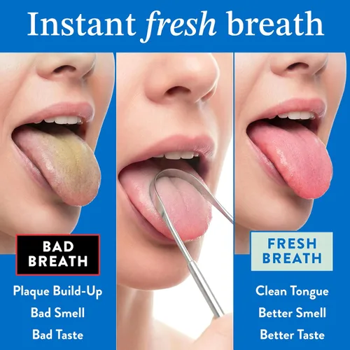 Vista 3 de Mouthology Raspador de lengua (paquete de 2), reduce el mal aliento (fundas de viaje incluidas), limpiadores de lengua de acero inoxidable, raspador