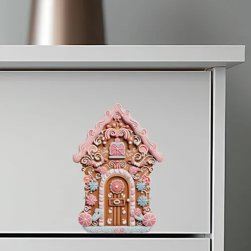 Vista 6 de Adhesivo de pared de casa de pueblo de Navidad, decoración de casa de jengibre glaseado rosa
