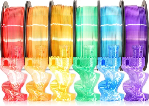Vista 10 de MIKA3D Paquete de 6 carretes de 2 hilos de seda para impresora 3D de ácido poliláctico (PLA), cambio de color negro sedoso a