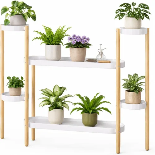 Vista 9 de APRTAT Soporte de bambú para plantas de interior, soporte de almacenamiento de plantas de 2 niveles de altura para múltiples plantas, estante