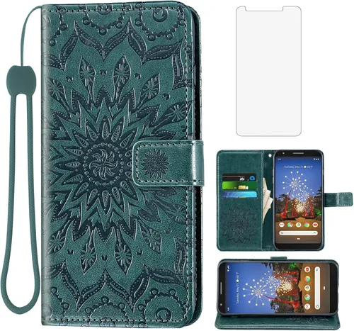 Vista 12 de Funda de teléfono para Google Pixel 3a XL con protector de pantalla de vidrio templado, funda magnética de cuero, soporte para tarjetas, accesorios