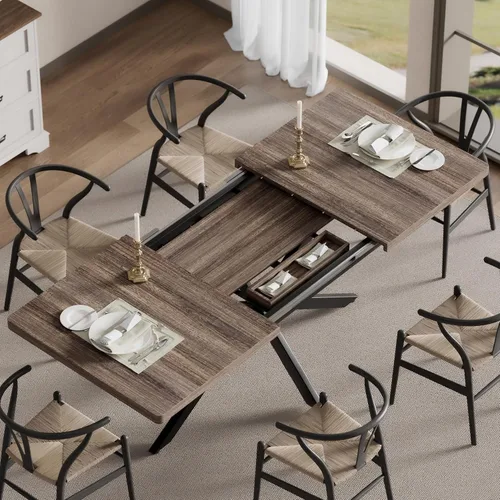 Vista 3 de MECHYIN Mesa de comedor extensible de 55 a 70.9 pulgadas para 4-8 pulgadas, mesa de cocina rectangular expandible con almacenamiento oculto, mesa